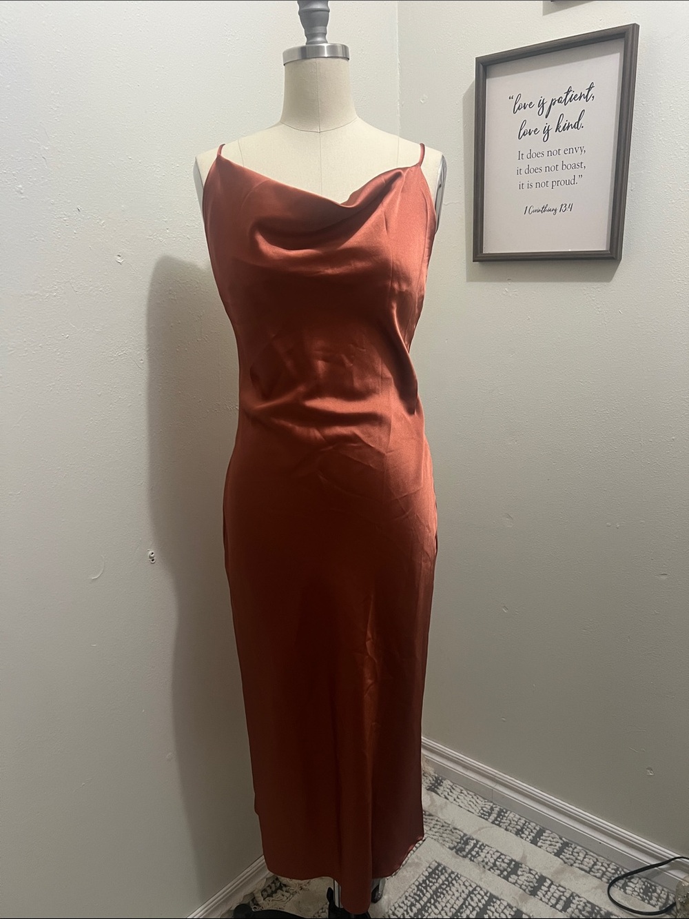 Petal & Pup Satin Cowl Midi Dress in Rust Copper